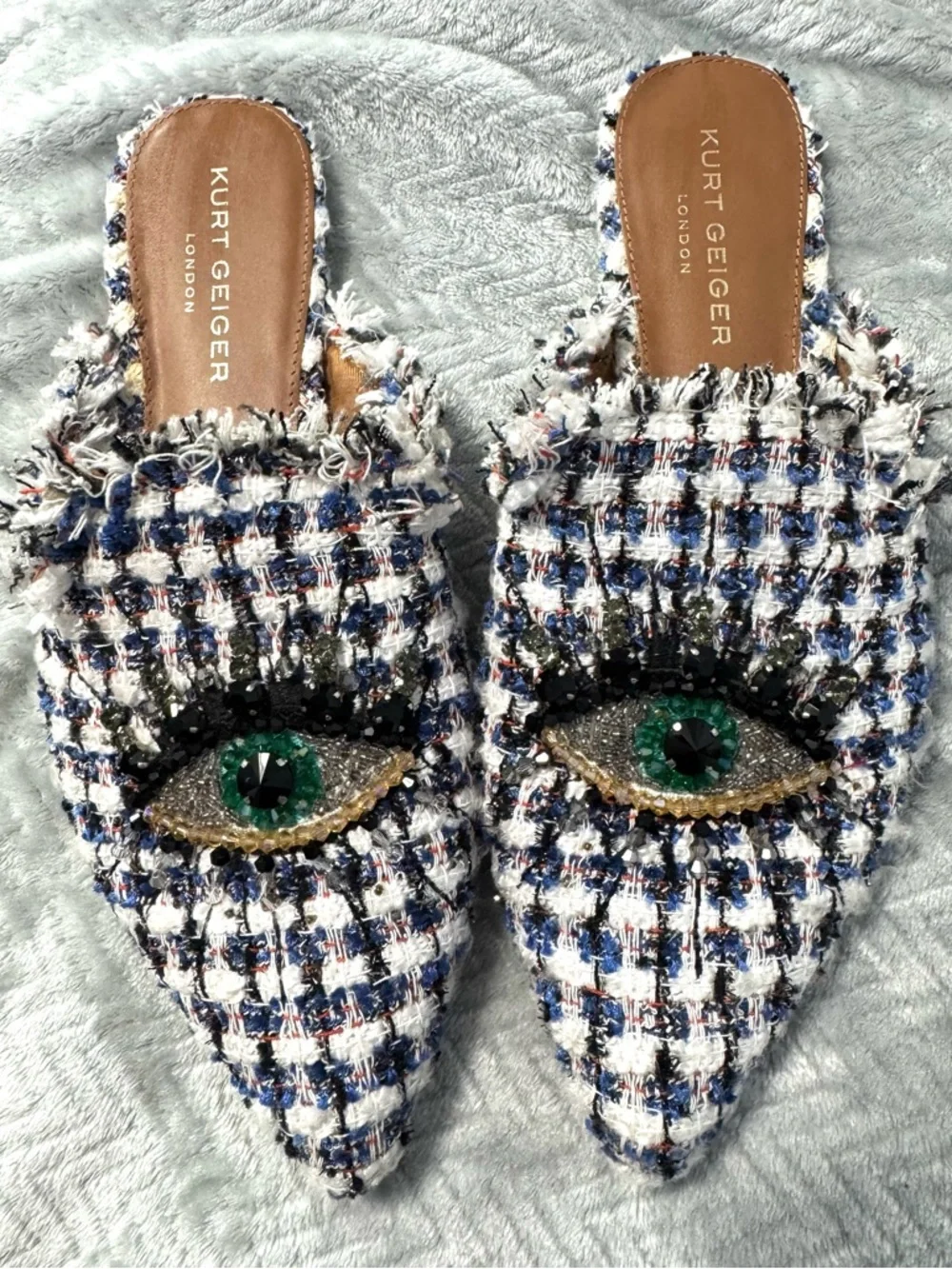 Kurt Geiger London Tweed Evil Eye Mule Flats Pointed Toe EU 42 Designer Slip On - Picture 2 of 11
